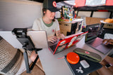 Home office inside a camper trailer.