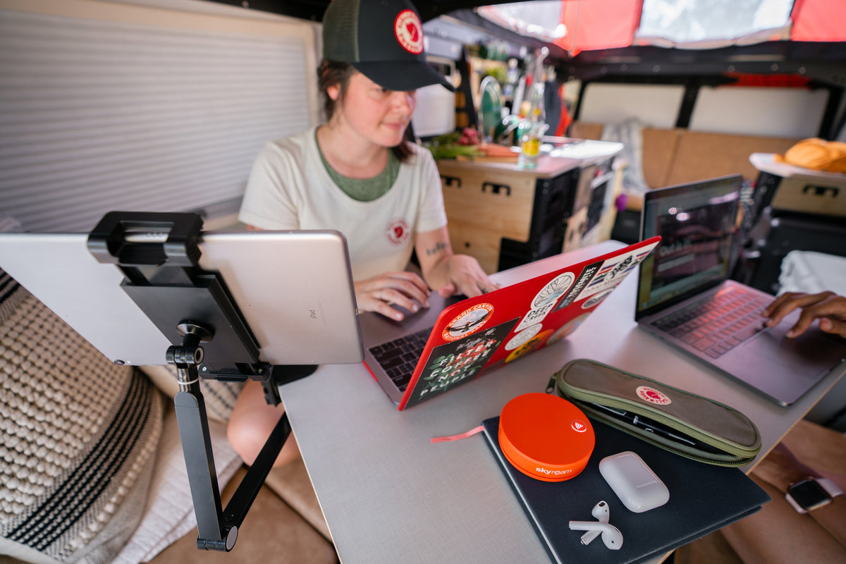 Home office inside a camper trailer.